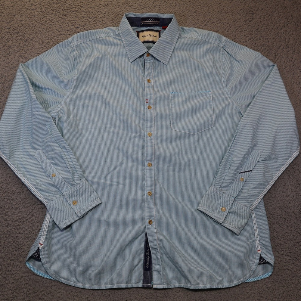 Robert Graham Mens 2XL Tailored Fit Pinstripe Button Down Shirt Blue Cotton